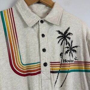 Howler Bros Rookery Polo Shirt Mens M Heathered Beige Graphic Print Palm Surf